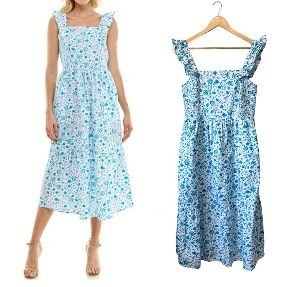 Draper James Midi Dress Blue Floral Flutter Strap Cotton Square Sundress Size L